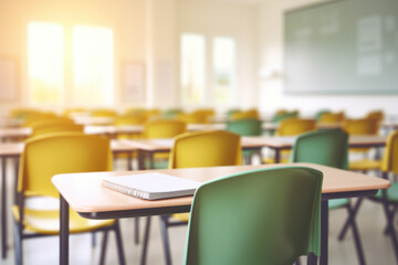 Empty classroom with notebook on the table. Back to school concept