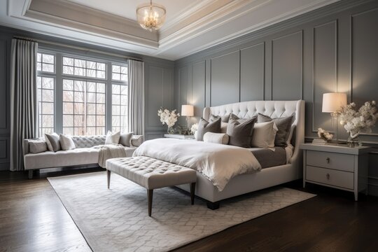 Gorgeous custom master bedroom featuring a stunning gray color scheme. The room is complete with a full wall of wainscoting, newly painted walls, elegant crown and base molding, beautiful hardwood