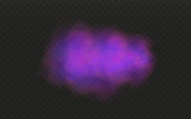 Realistic scary mystical fog in night Halloween. Purple poisonous gas, dust and smoke effect on transparent dark background.Vector illustration.