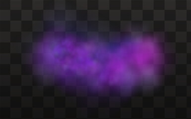Realistic scary mystical fog in night Halloween. Purple poisonous gas, dust and smoke effect on transparent dark background.Vector illustration.