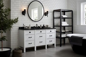 A contemporary country style bathroom featuring a vanity in white with a marble countertop, rounded mirrors in black, and an outlook towards a shower adorned with white subway tiles.