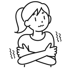 寒がっている半袖の若い女性