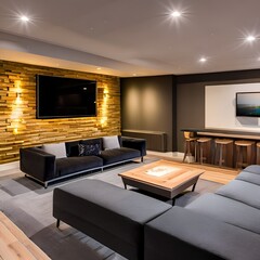 A cozy basement lounge with a sectional sofa, a big-screen TV, and a mini bar for hosting gatherings and movie nights2, Generative AI - obrazy, fototapety, plakaty