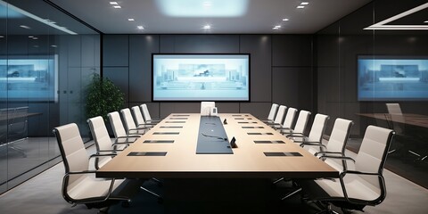 Futuristic Conference Room: A modern conference room equipped with the latest technology for business presentations and video conferencing. ai generated