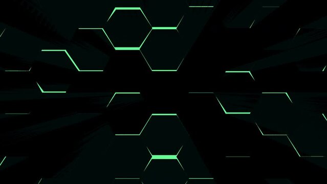 3D render futuristic animated background from hexagon shapes with toxic green back lighting, minimal hexagonal grid tiles pattern with random objects displacement, 4K live wallpaper