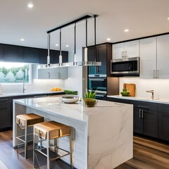 A modern kitchen with sleek white cabinets, quartz countertops, and a large central island with bar seating4, Generative AI - obrazy, fototapety, plakaty