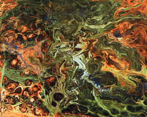 Colorful orange and green wavy texture. Abstract acrylic painting. Fluid art.