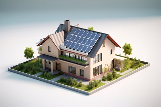 3d model, layout of an eco-friendly, energy-efficient house. Energy Efficient House. Renewable energy concept. Selective focus. Generative AI technology.