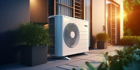 Air source heat pump installed in residential building. AI generative