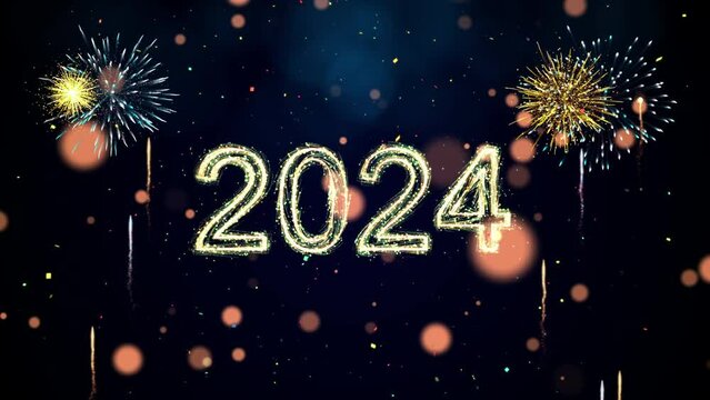 Happy new year 2024 celebration concept. Slow motion bokeh particle confetti and sparkling fireworks on a dark background.