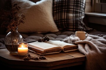 There is a candle holder and notebook placed on the table, accompanied by a cozy blanket. These winter interior details create a warm and inviting atmosphere for the home.