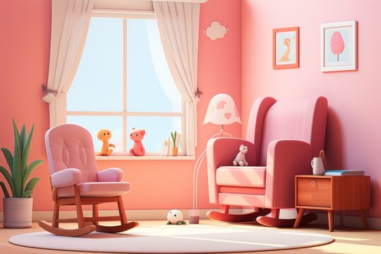 Modern pink room for newborn baby bedroom interior with shelf chair dressing table crib vector illustration