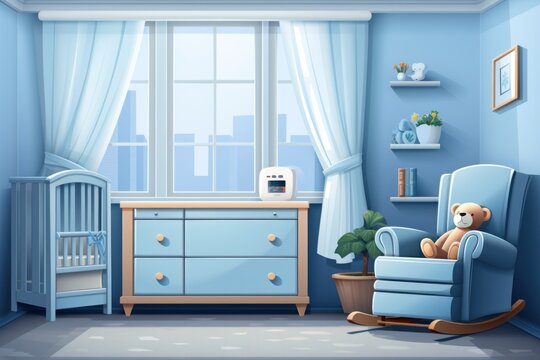 vector illustration of it's a boy Interior of a modern blue room for a newborn interior of bedroom for baby with crib dressing table arm chair, shelf