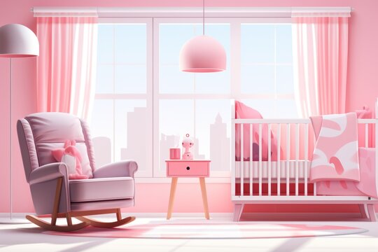 Modern pink room for newborn baby bedroom interior with shelf chair dressing table crib vector illustration