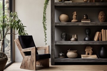 The living room is adorned with wabi sabi home decor, featuring a wooden console and shelf filled with books and plants. A sleek black chair serves as a focal point, complemented by various