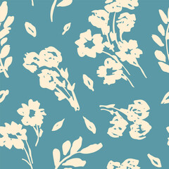 Obraz premium Seamless floral pattern, cute ditsy print, ornament with sketch plant silhouettes. Artistic botanical design: white hand drawn flowers, small leaves, branches on a blue background. Vector illustration