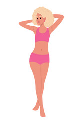 Slim woman in bikini. Fashion woman in swimsuit or bikini flat vector illustration. Concept of beauty, emotions, body and skin care, health, fashion, cosmetics, ad.