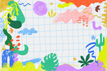 Bacckground with various shapes and doodle objects. Abstract contemporary modern trendy cards.  Perfect for textile prints. Editable vector illustration