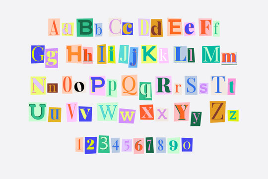 Cut out paper letters, punctuation marks and numbers set. Cut out ransom vector letters alphabet. Editable vector illustration.