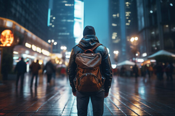 back view of male tourist with backpack looking forward at night street light in big city. Rainy day. Lost traveller. Travelling and urban lifestyle concept image.