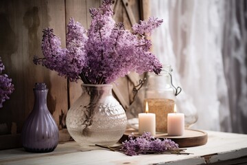 Obraz na płótnie Canvas The rustic style wedding decoration includes a vintage vase containing a bouquet of lilac flowers and a decorative candlestick placed on top of a white wooden board.