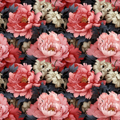 Seamless pattern with painted pink and white peonies, gray floral wallpaper background. Design for banner, textile, poster, card, invitation and scrapbook. Generative AI