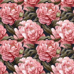 Seamless pattern with painted warm pink peonies, olive green leaves, floral wallpaper background. Design for banner, textile, poster, card, invitation and scrapbook. Generative AI
