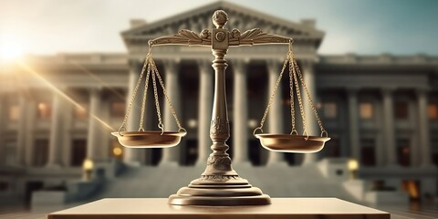 Fairness scales of justice against court house building background banner, concept of business financial protection by law. Finest generative AI. - obrazy, fototapety, plakaty
