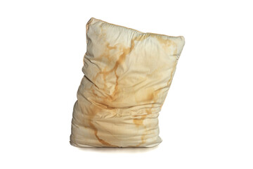 Dirty pillow isolated on white background, are a source of germs and dust mites and mattresses