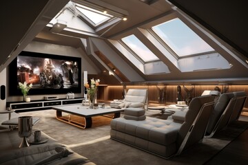 The interior of a contemporary home theater room is showcased in an angled perspective view. It features a flat screen TV as the main focal point.