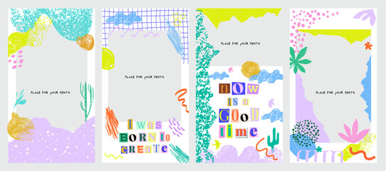 Social media template with phoyo space. Modern shapes and doodle objects. Abstract contemporary modern trendy stories template.  Quote from cut out paper letters. Editable vector illustration