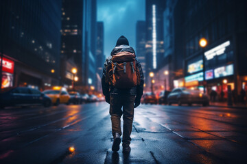 back view of male tourist with backpack looking forward at night street light in big city. Rainy day. Lost traveller. Travelling and urban lifestyle concept image.