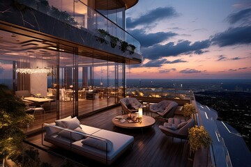 Opulent rooftop residence during sunset.