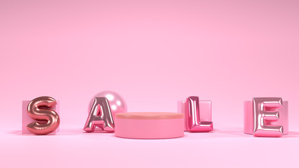 3D render of pink pastel podium and balloon text " SALE " on floor on pink background. for products.