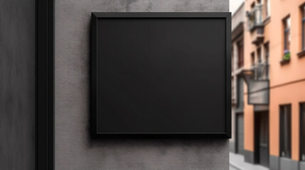 Empty black square signboard mockup in outside for logo design, brand presentation for companies, ad, advertising, shops.