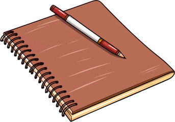 an empty notebook with a pen on top of it, in the style of colored cartoon style, light maroon and light brown, high resolution, drawing machines, spiral group on white background