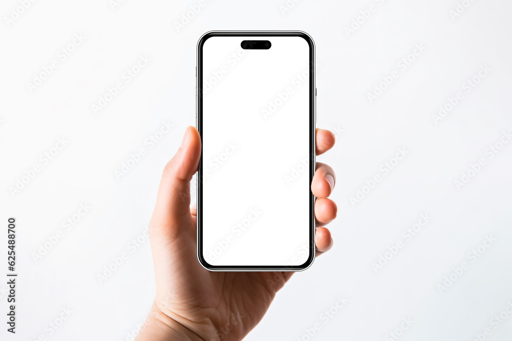 Poster high quality device mockup front view. woman and man hand holding the black smartphone with blank sc