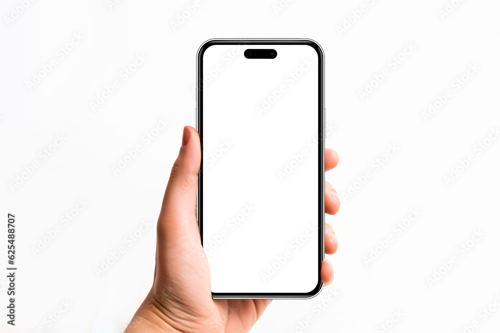 Poster high quality device mockup front view. woman and man hand holding the black smartphone with blank sc