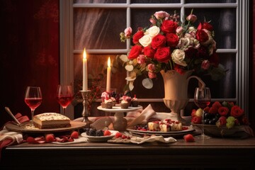 There is a dining table in a room adorned with a vase filled with flowers, pastries, glasses of wine, and a gift, all intended for celebrating Valentines Day.