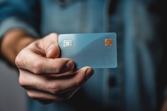Male hand holds credit card. AI generated