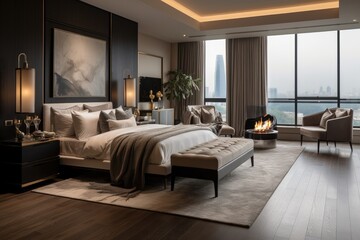 The master bedroom design features luxurious furniture, including elegant wooden floors and a contemporary carpet, creating a sophisticated and high end ambiance.