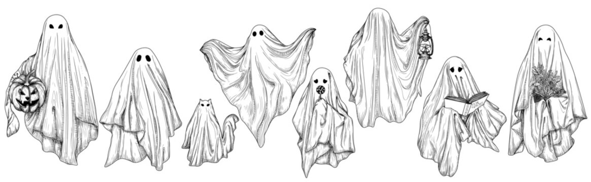 Vector set of 8 different ghosts in engraving style. Ghost with a book, with a lamp, with a bouquet, with a candy, with halloween pumpkin, ghost cat