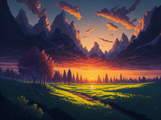 Beautiful spring landscape drawing. Sunset sky and trees background. generative AI