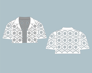 shirt design vector. front view technical trim flat sketch template. women blouse with vintage lace cotton fashion cad. eyelet embroidery decorative ornament cotton collar lace detail.