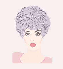 Vector illustration of a beautiful sensitive woman with short hair. Retro style girl face with full lips and long eyelashes. Logo sketch for beauty salons, hairdressers.