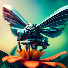 Generative AI.  Robotic Butterfly Perched on Flower