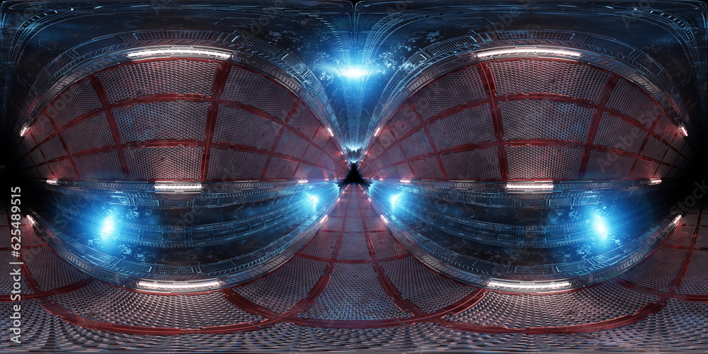 Fototapete futuristic hdri interior with blue pink neon lights. 360 degree panoramic view of triangle shaped sp