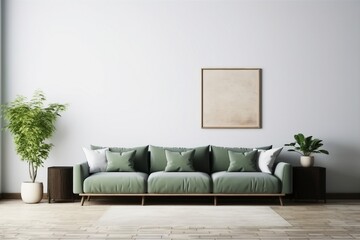 contemporary interior design for 3 poster frames in living room mock up with green couch, wooden pot and floor lamp