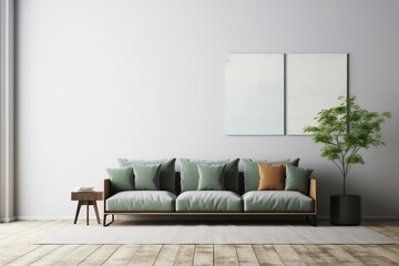 contemporary interior design for 3 poster frames in living room mock up with green couch, wooden pot and floor lamp