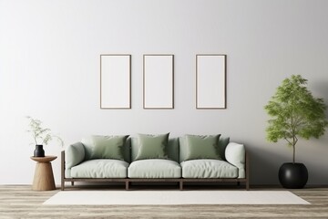 contemporary interior design for 3 poster frames in living room mock up with green couch, wooden pot and floor lamp